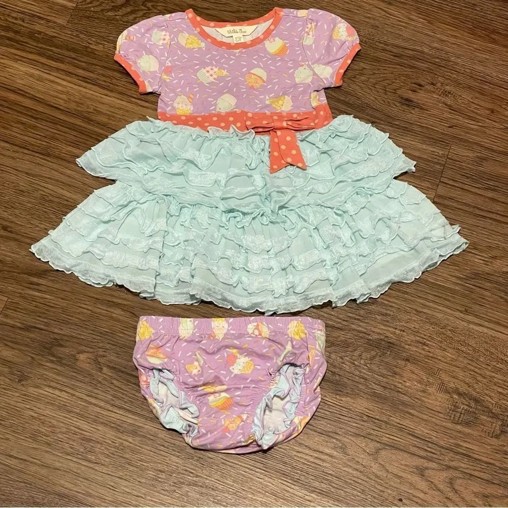 Matilda Jane Extra Sprinkles Dress and Bloomers Lavender Blue Orange 12-18 mos